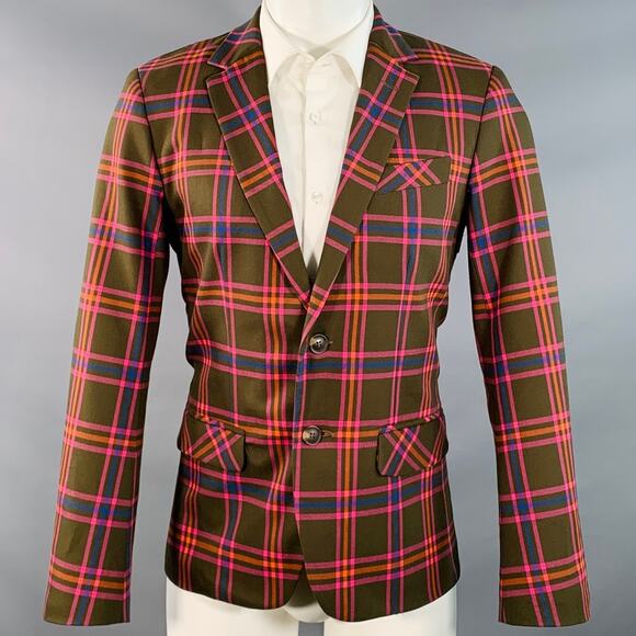 MR TURK Size 38 Olive Pink Orange Plaid Polyester Blend Notch Lapel Sport Coat - Picture 1 of 7